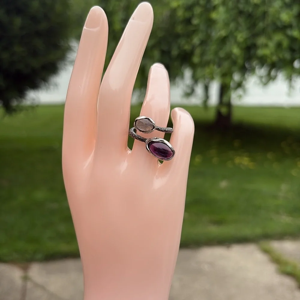 Sterling Double Stone Open Ring with Purple and Iridescent Gemstones - Picture 2 of 8
